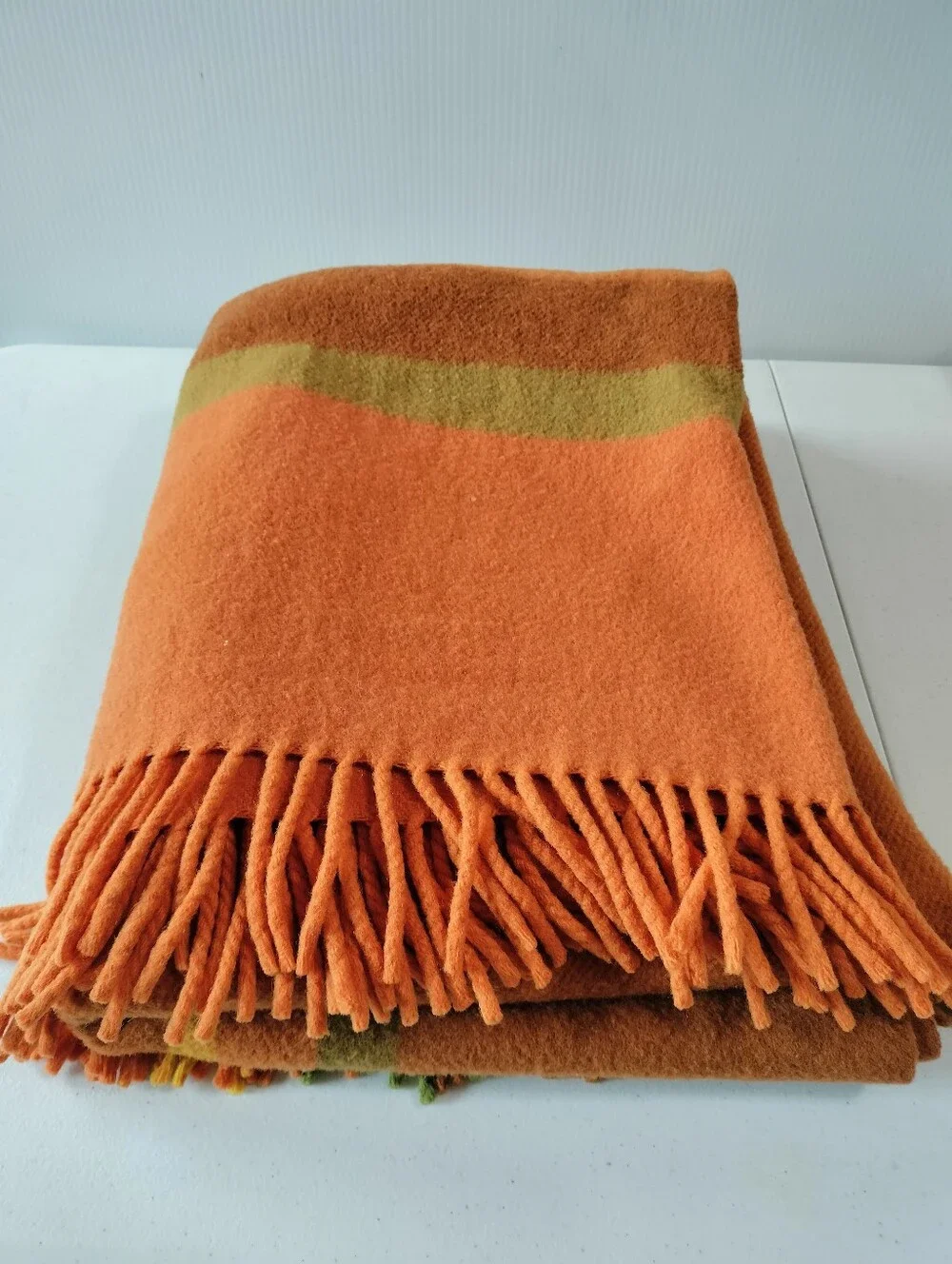Dragon Of Norway Virgin Wool Moth Resistant Fringe Orange Green Throw Blanket